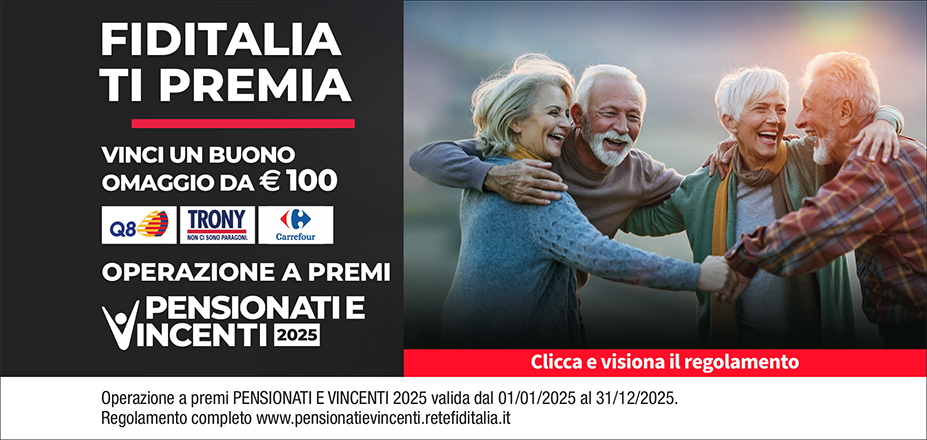 Agenzia Uniservice Global Srl Fiditalia | Lecco, Bergamo, Treviglio, Cernusco sul Naviglio | Fiditalia ti premia - Vicni un omaggio da €100. Operazione a premi. Clicca e visiona il regolamento. Operazione a premi PENSIONATI E VINCENTI 2025 valida dal 01/01/2025 al 31/12/2025. Regolamento completo www.pensionatievincenti.retefiditalia.it